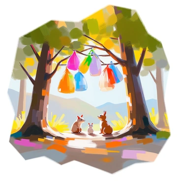 A whimsical forest scene featuring tall trees with vibrant green foliage. Plastic bags of various colors are tangled in the branches, creating an unusual and striking contrast against the natural backdrop. The sunlight filters through the leaves, casting playful shadows on the forest floor. In the distance, gentle hills can be seen, while small woodland creatures curiously observe the scene. The atmosphere is filled with a mix of wonder and concern as the colorful bags sway gently in the breeze.
