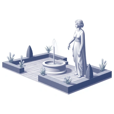 A stone statue of a woman stands gracefully in the center of a formal garden. The statue depicts a woman in a flowing gown, her features delicately carved, capturing a sense of elegance. Surrounding the statue, a finely crafted fountain gently splashes water, with intricate designs carved into its structure. Neatly trimmed hedges form geometric patterns around the garden, enhancing the symmetrical layout. Various flowers bloom in organized sections, adding texture to the scene. The ground is paved with stone tiles, leading to the statue, creating a harmonious composition.