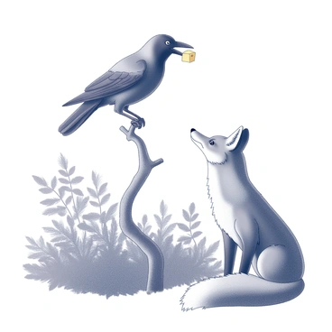 A black and white illustration depicting a crow perched on a branch, holding a piece of cheese in its beak. Below, a cunning fox is watching the crow with an attentive expression. The fox is sitting on its haunches, its bushy tail curled around its body. Surrounding the scene is a backdrop of dense foliage, adding depth to the composition. The details are finely etched, replicating the texture of fur and feathers, with intricate line work showcasing the natural elements. The entire scene conveys a sense of interaction between the two animals within a natural setting.