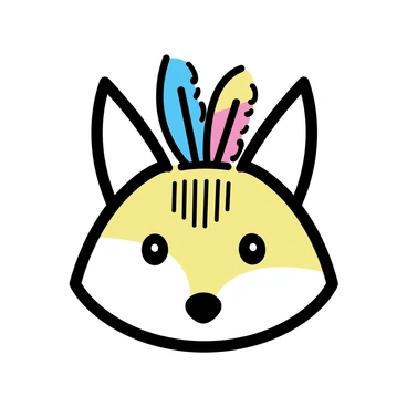 A fox face with pointed ears and sharp features. The face is decorated with intricate tribal patterns in black and white. Colorful feathers in shades of blue, red, and yellow are arranged around the top of the fox's head, adding texture and vibrancy. The eyes are bright and expressive, emphasizing the fox's cunning nature.