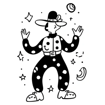 A cartoon character with oversized arms and legs is striking a playful pose. The character has a large head with an oversized hat that stands tall and colorful. The outfit is a mix of patterns, with polka dots and stripes, featuring bright accessories such as a large belt and oversized shoes. The character is surrounded by whimsical elements like stars and swirls.