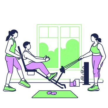 A family is gathered in a home gym, engaged in a fitness session. One member, a young man, is seated on a cable row machine, grasping the handles with both hands. His posture is straight, and his legs are securely positioned against the support. Another family member, a woman, stands beside him offering encouragement, wearing athletic clothing. In the background, there is a variety of exercise equipment, including dumbbells and a yoga mat laid out on the floor. A large window allows natural light to fill the space, illuminating the scene.