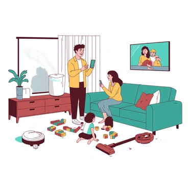 A family of four is gathered in their modern living room. The father is standing with a smartphone in hand, giving a voice command to a sleek white smart speaker on a nearby table. The mother is sitting on a teal couch, smiling as the overhead lights change to a warmer hue in response to the command. Two children are playing on the floor with colorful building blocks, while a robotic vacuum cleaner quietly glides across the polished wooden floor, picking up small debris. A smart television on the wall displays a family photo, highlighting the personalization of their smart home environment.