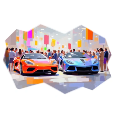 A vibrant car show event showcasing a variety of car models, prominently featuring a sleek red sports car, a classic blue coupe, and a rugged black SUV. The cars are arranged in neat rows, with bright lights illuminating their polished surfaces. Spectators, including diverse groups of people of different ages and styles, are admiring the vehicles. Some are taking photos, while others are engaged in discussions about the cars. Colorful banners and flags decorate the venue, adding to the festive atmosphere of the event.