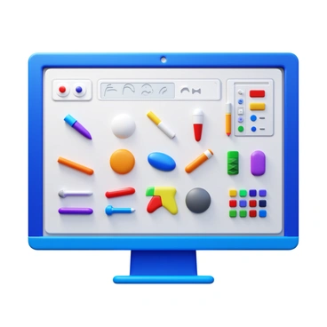 A variety of digital tools displayed on a computer screen, including different types of brushes such as round, flat, and texture brushes. Each brush is represented with distinct shapes and colors, showcasing their unique features. The screen also shows an array of tools like a pencil, pen, and eraser, all neatly organized. The interface includes a color palette with vibrant colors, and sliders for adjusting brush size and opacity are visible. The background of the screen is a workspace with a digital canvas open, ready for illustration.