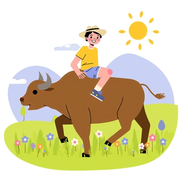 A child with a big smile is sitting atop a brown buffalo that has a thick, shaggy coat. The buffalo is walking through a lush, green grassy field filled with wildflowers in various colors. The sun is shining brightly in a blue sky, casting playful shadows on the ground. The child is wearing a bright yellow shirt and a pair of denim shorts, with a straw hat perched on their head. In the background, there are a few trees and a distant hill, adding to the vibrant outdoor scene.
