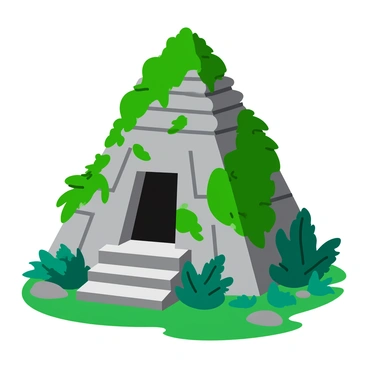 A flat-3D jungle temple with intricate ancient carvings covering its stone surface. The temple is surrounded by thick, lush green vines that drape down from the structure, creating an air of mystery. The temple features a pyramid shape with steps leading up to the entrance, which is partially obscured by foliage. Sunlight filters through the dense jungle canopy, casting dappled shadows on the temple's surface. Various jungle plants and ferns grow around the base of the temple, enhancing the feeling of being in a forgotten world.