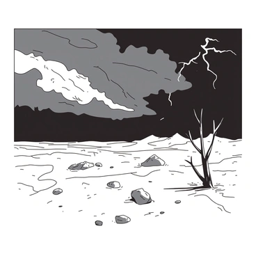 A barren landscape stretches out under a dramatic sky filled with dark clouds swirling ominously. The ground is cracked and dry, highlighting the harshness of the terrain, while jagged rocks are scattered throughout the scene. A strong wind rustles through the air, causing small dust devils to swirl. Lightning flickers within the clouds, illuminating the landscape sporadically. The atmosphere is charged with tension as the storm looms closer, casting a shadow over the desolate land.