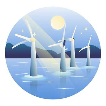 A series of tidal turbines are positioned in a body of water, with their sleek, metallic structures reflecting the soft glow of moonlight. The turbines are partially submerged, with water gently lapping around their bases. The moon hangs low in the sky, casting bright silver rays that illuminate the scene, creating shimmering patterns on the water's surface. Surrounding the turbines, the dark silhouette of distant hills can be seen under the night sky, which is dotted with stars. The overall atmosphere is tranquil, showcasing the interplay of light and water in this captivating nighttime setting.