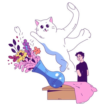 A cat knocking over a vase from a table, looking innocently at the owner.