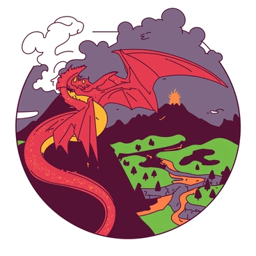 A red mythical dragon with iridescent scales is perched on the edge of a smoking volcano. The dragon's wings are partially spread, showcasing intricate patterns on its surface. Below, the land is a vibrant green valley with scattered trees and a winding river. The sky is filled with dark clouds, contrasting with the glowing lava flowing inside the volcano, casting an orange hue on the dragon's body. The dragon gazes intently into the distance, its golden eyes scanning the landscape for any movement.