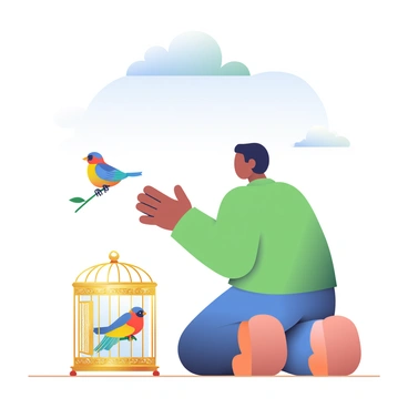 A person with light brown skin and short black hair is kneeling beside a small cage. The cage has a golden finish and intricate designs, and it is positioned on a wooden surface. The door of the cage is open, revealing a vibrant bird with a mix of blue, red, and yellow feathers perched on a small branch inside. The person is gently extending their hand towards the bird, encouraging it to fly. Above them, a bright blue sky is visible with a few fluffy white clouds scattered. The bird is poised to take off, its wings slightly lifted in anticipation of flight.