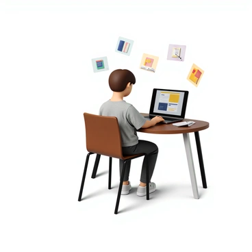 A student with short brown hair sitting at a modern desk, focused on a sleek laptop displaying an interactive digital platform. The environment is well-lit, with a warm glow emanating from a nearby lamp. Around the student, various virtual books and colorful quiz icons are visually floating in the air, illustrating an engaging learning experience. The student appears absorbed in their studies, wearing comfortable casual clothing, with notes and a pen scattered on the desk beside them.