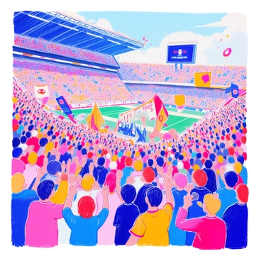 A packed stadium is filled with fans fervently cheering. The audience consists of a diverse group of people, including men, women, and children, all wearing team colors. Many fans are waving large flags and banners with various designs and slogans. Some fans have painted their faces in bright colors to show their support. The atmosphere is energetic and vibrant as excitement fills the air. In the background, the scoreboard is visible, displaying the game status. The stadium seating is filled to capacity, with no empty seats in sight.