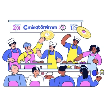 A lively scene of a crepe-making competition with several chefs in colorful aprons. Each chef is focused on their task, expertly flipping crepes in the air. There are various toppings arranged on nearby tables, including fresh fruits, whipped cream, and chocolate sauce. The background features a large banner that reads "Crepe Championship". The atmosphere is filled with excitement as timers count down visibly on the wall. The chefs are surrounded by a crowd of spectators, eagerly watching the action unfold.