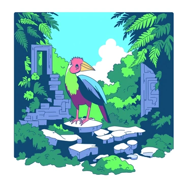 A big bird exploring ancient ruins, surrounded by lush greenery and history