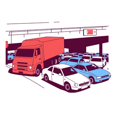A red truck is stuck beneath a low bridge underpass, its top slightly crumpled against the structure. The area around the truck is filled with several cars, all lined up, creating a traffic jam behind it. The cars are various colors, some are blue and others are white, with frustrated drivers visible through the windows, looking out at the situation. The bridge has a sign indicating the height limit, which is clearly marked, but it is evident that the truck exceeded that limit. The scene conveys a moment of chaos and frustration as vehicles are halted in both directions.