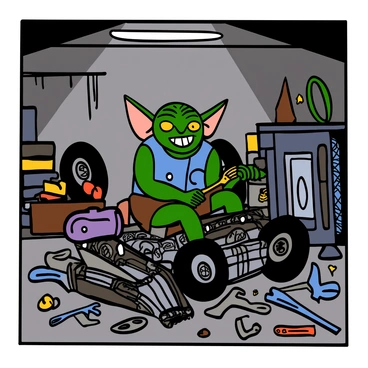 A mischievous gremlin tinkering with car parts in a cluttered garage.