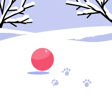 A bright red ball bouncing through a snowy landscape. The landscape is covered in a thick layer of white snow, glistening under the sunlight. Each bounce of the ball creates tiny footprints in the snow, trailing behind it. In the background, there are snow-covered trees with branches weighed down by the snow. The sky is clear and blue, enhancing the vividness of the red ball against the white snow. The scene captures the playful motion of the ball as it moves through the tranquil winter environment.