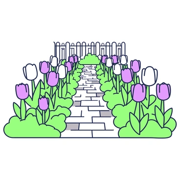 Neatly arranged rows of tulips are visible in a well-tended garden. The tulips have distinct shapes, with elongated stems and large, open blooms. Each row features tulips in various stages of bloom, showcasing their vibrant petals. Surrounding the tulips, there is green foliage that creates a lush background. The garden path is made of stone, leading through the colorful rows, and there are small garden markers between the rows indicating the different varieties of tulips. In the background, a wooden fence encircles the garden.