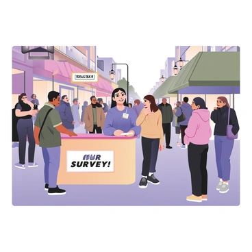 A digital flat illustration of a lively city street bustling with activity. In the foreground, there is a colorful booth labeled "Take Our Survey!" with a cheerful pollster standing behind it. The pollster is a woman with a bright blue shirt and a name tag, holding a clipboard and smiling at the people approaching. Surrounding the booth, several passersby of diverse backgrounds are engaged in conversation, some stopping to participate in the survey. The street is lined with various shops, each displaying colorful signs and awnings, while trees and streetlamps add to the urban environment. The scene is filled with a sense of movement and interaction among the people.