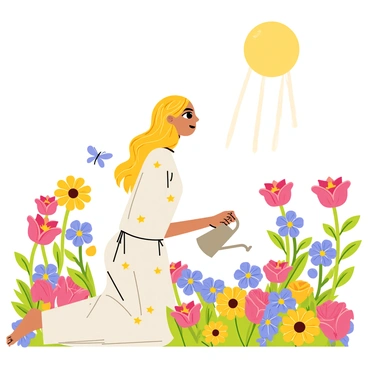 A goddess with flowing golden hair kneels in a celestial garden filled with a variety of colorful flowers. The flowers include vibrant red roses, bright blue daisies, and yellow sunflowers, all in full bloom. The goddess wears a flowing white gown adorned with shimmering stars. She gently waters the flowers with a silver watering can, her expression focused and serene. Soft beams of light shine down from a glowing moon above, illuminating the garden and creating an ethereal atmosphere. Delicate butterflies flutter around the flowers, adding to the enchanting scene.