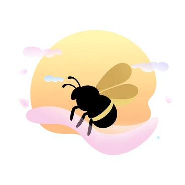A bee is depicted in silhouette, its wings spread as it flies through the air. The backdrop features a golden sunset sky, with hues of orange and yellow blending seamlessly. A few delicate wisps of clouds can be seen in the sky, enhancing the warm atmosphere of the scene. The bee is in the foreground, creating a sharp contrast against the vibrant colors of the sunset.