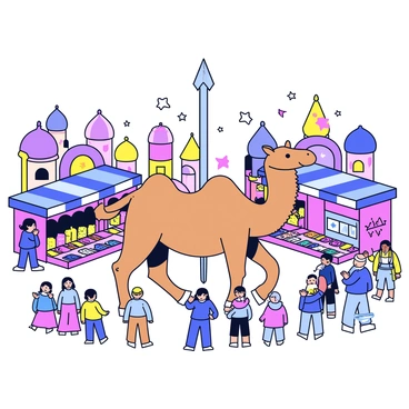 A camel is attempting to pass through the "eye of a needle" in a whimsical marketplace. The camel is large and has a sandy brown color with a shaggy coat. The needle is oversized, gleaming with metallic sheen, and is positioned upright among vibrant market stalls. Colorful fabrics and exotic spices are displayed on tables around the camel. The marketplace is filled with curious onlookers, including a small crowd of cartoonish characters observing the spectacle. The background features whimsical buildings with unique shapes and bright colors, contributing to the fantastical atmosphere.
