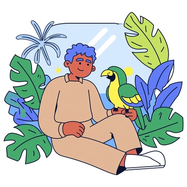 A wildlife trainer wearing a khaki outfit is sitting on the ground in a vibrant jungle. The trainer has a calm expression while gently holding a bright green parrot with blue and yellow accents. Surrounding them are large leaves and tropical plants in various shades of green. Sunlight filters through the thick canopy of trees above, casting dappled shadows on the forest floor. The parrot has a curious look as it interacts with the trainer.