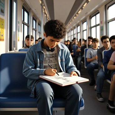 An artist with short curly hair is seated on a subway train, focused intently on sketching in a notebook. They are wearing a denim jacket over a graphic t-shirt and have headphones around their neck. The subway car is filled with commuters, some standing and others sitting, engaged in their own activities. The artist's sketchbook is open, revealing detailed pencil drawings of the fellow passengers. The train's interior features metallic poles and advertisements on the walls, creating a vibrant urban atmosphere. Sunlight filters through the windows, illuminating the scene.