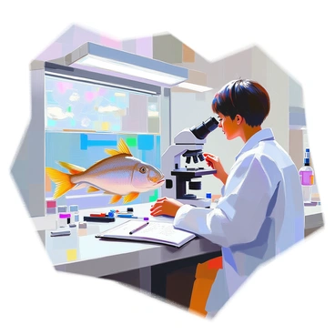 A scientist with short dark hair and wearing a white lab coat is intently examining a cod fish in a state-of-the-art marine laboratory. The laboratory is equipped with large tanks filled with water and various marine life. The scientist is using a digital microscope to study details of the fish, and a notebook filled with notes is placed beside her. Bright fluorescent lights illuminate the room, reflecting off the sleek surfaces of the equipment. Various scientific tools and gadgets are neatly organized on the counter, contributing to the advanced atmosphere of the lab.