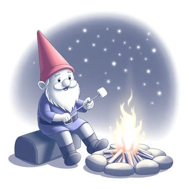 A garden gnome is sitting on a small log beside a campfire. The gnome is wearing a red pointed hat and a blue tunic, with a white beard flowing down to its chest. In one hand, the gnome holds a roasting stick with a marshmallow over the flames. The campfire is surrounded by a circle of smooth stones. Above, the night sky is filled with numerous twinkling stars, providing a sense of wonder. Soft shadows are cast on the ground from the flickering firelight, adding depth to the scene.