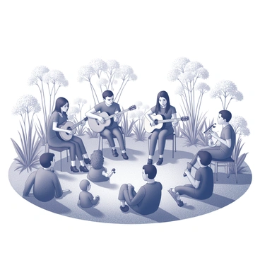 A lively garden filled with blooming mayflowers, their petals intricately arranged in clusters. Musicians are gathered around, with various instruments in hand, playing harmoniously. The scene captures the vibrant energy of the concert, with notes seemingly floating in the air. Surrounding the musicians, lush greenery complements the mayflowers, creating a vibrant atmosphere. Several attendees are seated on the grass, enjoying the performance, while others are swaying to the rhythm of the music.