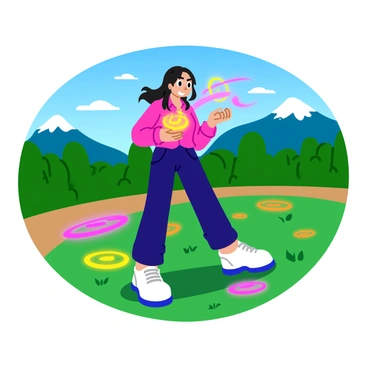Izumi Curtis is depicted in a training ground, surrounded by various alchemical symbols glowing on the ground. She is in a dynamic pose, her body slightly turned as she focuses intently on her technique. Her long dark hair flows behind her, and she wears a fitted, practical outfit suitable for training. In her hands, she channels a bright, swirling energy, and vibrant colors radiate from her palms, illustrating the power of her alchemical move. The background includes trees and distant mountains, creating a sense of depth and a natural environment.