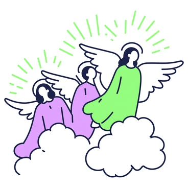 A group of angels is ascending towards the sky. Each angel has wings outstretched and is dressed in flowing robes that billow as they rise. Their expressions are serene as they look towards the heavens. Above them, fluffy clouds surround the figures, creating a sense of movement and elevation. The scene is illuminated by radiant light that gives the impression of a divine presence.
