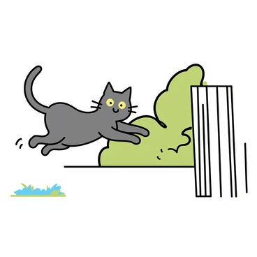 A gray tabby cat with striking green eyes is leaping off a wooden fence. The cat is mid-air, with its body arched and legs extended, showcasing its agility. The background features blurred greenery, emphasizing the motion of the leap. The cat’s tail is raised, adding to the graceful posture as it descends toward soft grass below.
