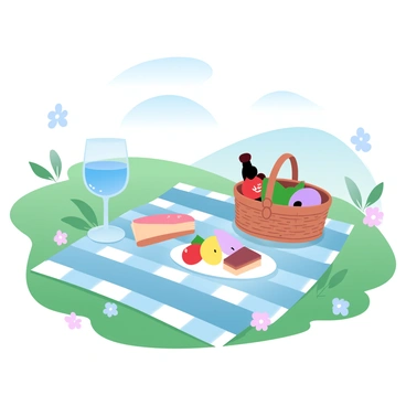 A checkered blanket is spread out on lush green grass, adorned with an assortment of colorful picnic items. A clear glass of wine sits on one corner of the blanket, reflecting the light around it. Nearby, a wicker basket is filled with fresh fruits, sandwiches, and a small cheese platter. A few wildflowers are scattered around the picnic setup, adding a touch of natural beauty to the scene. In the background, gentle rolling hills create a soft contrast against the sky.