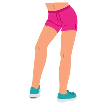 A close-up illustration of a person's lower body in the "hip thrust" position. The legs are bent at the knees, with the feet flat on the ground. The hips are elevated, showcasing the engaged glute muscles. The thighs are tense, clearly defined, and the person's athletic shorts are slightly wrinkled. The background is minimal to maintain focus on the muscle engagement and body position.