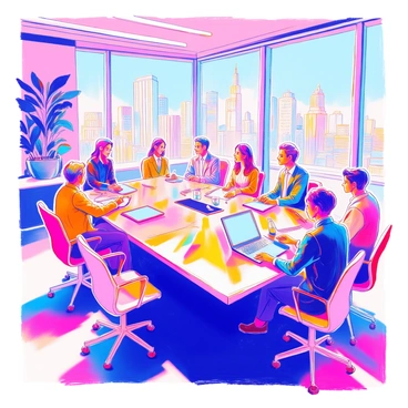 A modern office setting features a large conference table surrounded by sleek, minimalist chairs. Several people are present, represented as vibrant holographic projections displaying different nationalities and styles of attire, including suits and business casual wear. The holograms project vivid colors and details, with some displaying animated gestures while communicating. The background includes large windows showing a city skyline. On the conference table, there are digital devices such as tablets and laptops, along with a notepad and pen. Soft, overhead lighting enhances the contemporary atmosphere of the office space.