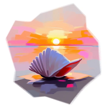 A silhouette of a scallop shell is prominently displayed in the foreground. The shell has distinct ridges and curves, capturing its intricate form. In the background, a bright orange and pink sunset stretches across the horizon, with vivid layers of color blending seamlessly into one another. The sky is filled with soft gradients, creating a warm atmosphere. The scallop shell stands out against this colorful backdrop, highlighting its shape and details.