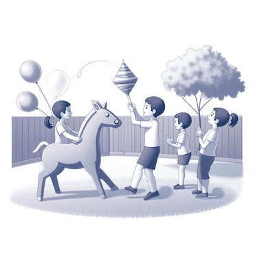 Children taking turns hitting a colorful piñata in a backyard