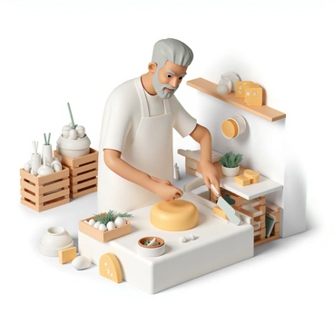 An artisan cheesemaker, a middle-aged man with a beard and wearing a white apron, is focused on his work in a well-lit cheese workshop. He is using a large knife to craft a wheel of "raclette," which is a creamy yellow cheese. Surrounding him are various tools for cheese making, including molds and a large wooden table covered in cheesecloth. There are several finished wheels of "raclette" aging on shelves behind him, and a few wooden crates filled with fresh ingredients, such as milk and herbs, nearby. The atmosphere is warm and inviting, filled with the rich aroma of dairy.