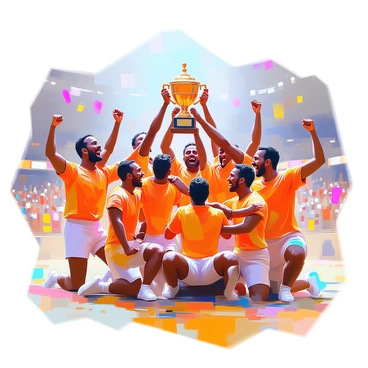 A kabaddi team consisting of players in vibrant team uniforms is posing together in a jubilant victory stance. The team members, showcasing diverse skin tones and heights, are gathered around a large championship trophy held high in the center by the captain. Excitement is evident on their faces, with wide smiles and raised fists. The background features a well-lit indoor arena filled with cheering fans, adding to the atmosphere of celebration. Some players are playfully lifting others, while a few are striking dynamic poses, embodying the thrill of their recent victory.