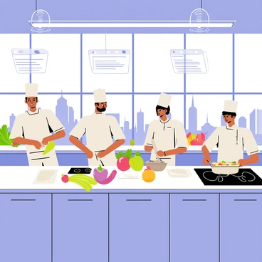 Chefs preparing meals with bioengineered ingredients in a futuristic kitchen