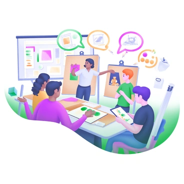 A bright classroom scene featuring a diverse group of students gathered around a large table. The students are engaged in discussion, with some holding sketchbooks displaying various illustrations. Their illustration lecturer stands at the head of the table, pointing at a colorful example pinned to a corkboard behind them. The atmosphere is lively, with thought bubbles above the students illustrating their ideas, like color palettes and composition sketches. The room is filled with art supplies, such as pencils, markers, and easels, creating an immersive learning environment.