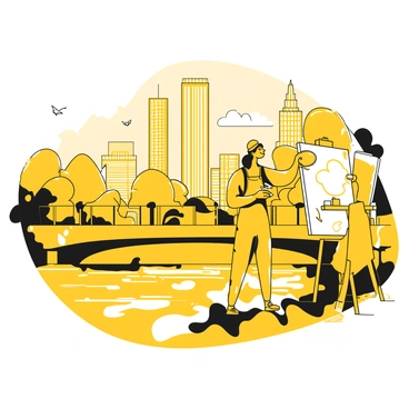 An artist standing on a bridge in Chicago, holding a paintbrush and palette. The artist, wearing a beret and a canvas apron, is focused on painting a large canvas set up on an easel. The river below is flowing, with reflections of the surrounding buildings on the water's surface. In the background, notable city skyscrapers rise against the sky, while people walk along the bridge. A few birds can be seen flying overhead, and some trees line the riverbank. The scene captures the vibrancy of the city.