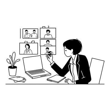 An event planner is sitting at a desk, focusing intently on a laptop that displays a video call interface. The planner is wearing a smart, professional outfit with a blazer and has a notepad and pen beside them. They are adjusting the camera angle, ensuring a clear view for participants. Multiple screens are visible, showcasing various participants on the video call. There are notes and documents scattered on the desk, contributing to a busy, organized workspace. A potted plant is positioned in the corner, adding a touch of greenery to the setting.