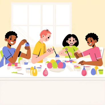 A kitchen table covered with a colorful array of decorated Easter eggs. Children of diverse backgrounds are sitting around the table, each focused on painting their eggs with bright colors like pink, yellow, and blue. One child is applying purple paint with a brush, while another is using a sponge to create patterns. There are paintbrushes, cups of water, and paper towels scattered around the table. The atmosphere is lively, with smiles on the children's faces as they share their creative ideas. Sunlight streams through a nearby window, illuminating the vibrant scene.