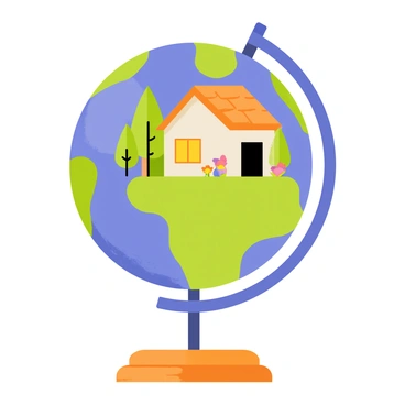 A spherical globe of Earth with vibrant blue oceans and green landmasses. Inside the globe, a cozy wooden house with a thatched roof sits comfortably. The house has warm, inviting windows glowing with yellow light. Surrounding the house are lush green trees and colorful flowers, enhancing the homely atmosphere. The globe is positioned on a wooden base, symbolizing the idea of Earth as our home.