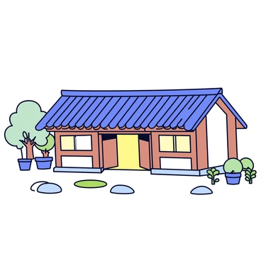 A traditional Korean hanok with a sloping tiled roof. The hanok features open wooden doors that lead to a peaceful courtyard. The courtyard has smooth stones arranged neatly and a small patch of green grass. There are potted plants placed along the edges of the courtyard, adding a touch of nature. In the background, a few trees can be seen gently swaying in the breeze.